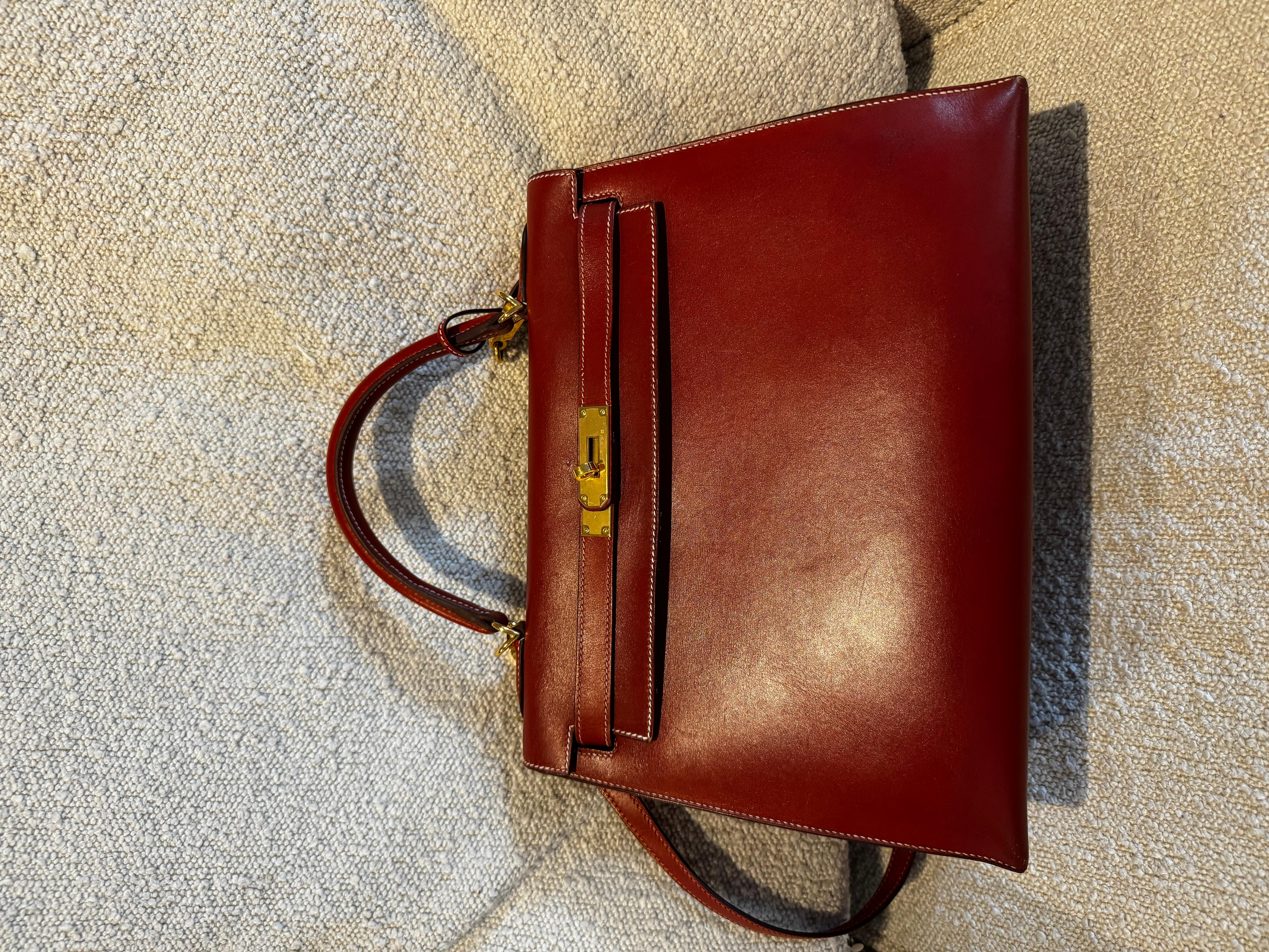 Hermes Kelly 32 Box leather Burgundy bag For Sale 5