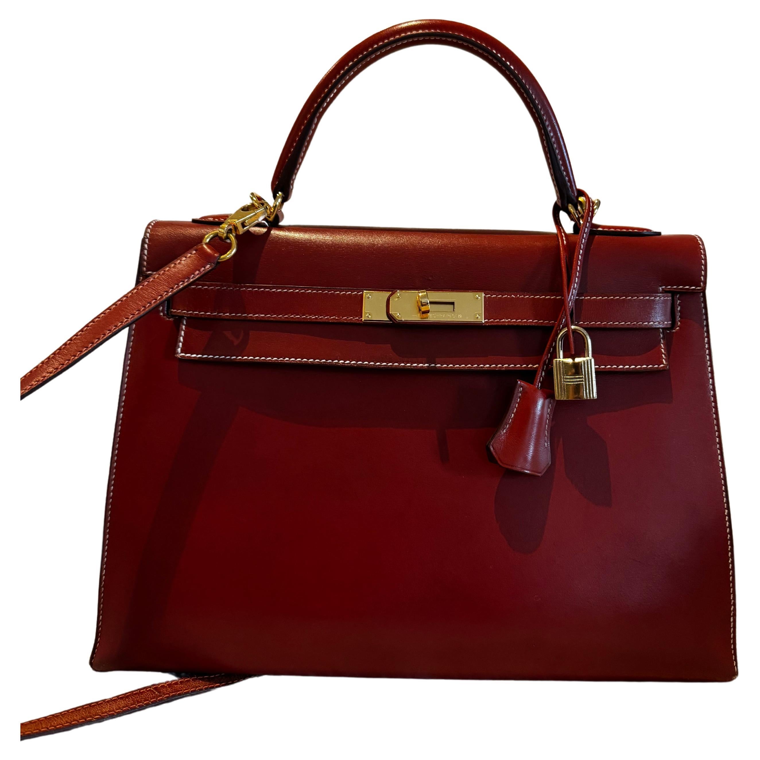 Hermes Kelly 32 Box leather Burgundy bag For Sale