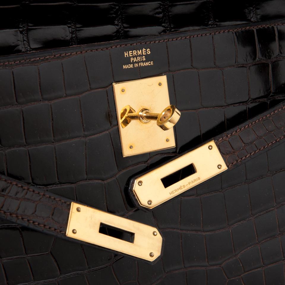 Black Hermes Kelly 32 Brown Crocodile Leather Bag 