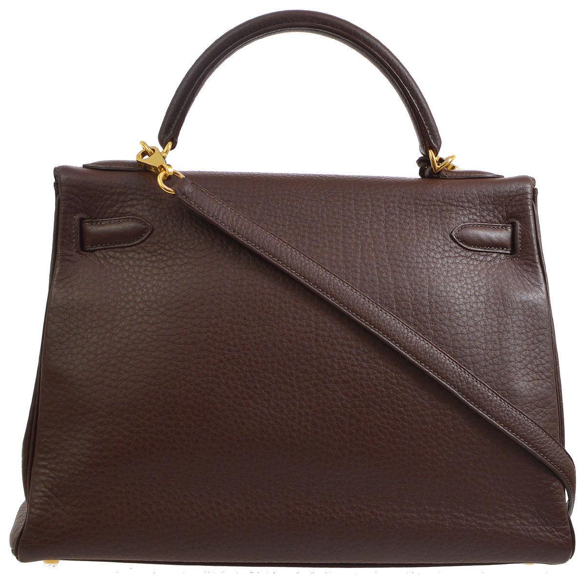 Black Hermes Kelly 32 Brown Leather Gold Top Handle Satchel Shoulder Bag