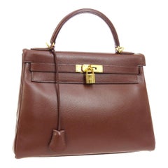 Hermes Kelly 32 Brown Leather Gold Top Handle Satchel Shoulder Tote Bag 