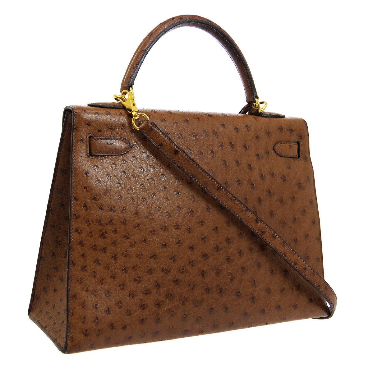 Hermes Kelly 32 Brown Ostrich Exotic Gold Top Handle Satchel Shoulder Tote Bag In Good Condition In Chicago, IL