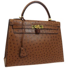 Hermes Kelly 32 Brown Ostrich Exotic Gold Top Handle Satchel Shoulder Tote Bag