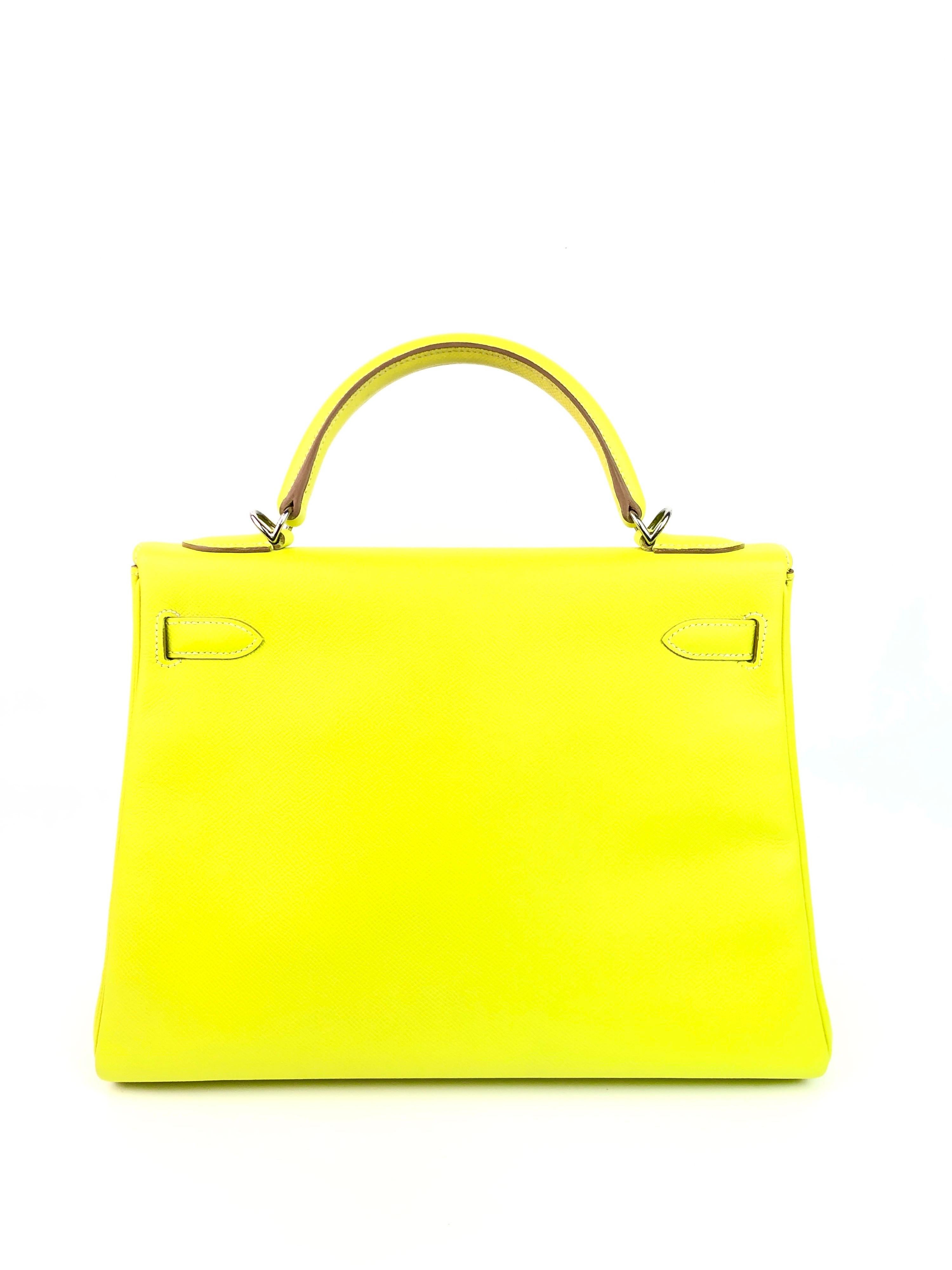 Hermes Kelly 32 Candy Collection Lime Yellow Green Gris Palladium Hardware In Excellent Condition In Miami, FL