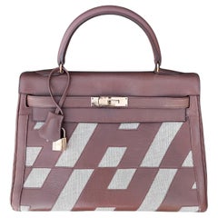 Hermès Kelly 32 cm Borsa Ulysses Oro Pelle Toile Tela Ghw
