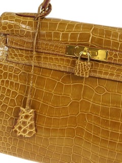 Hermes Kelly 32 Cognac Brown Exotisches Krokodil Gold Top Handle Tote Bag