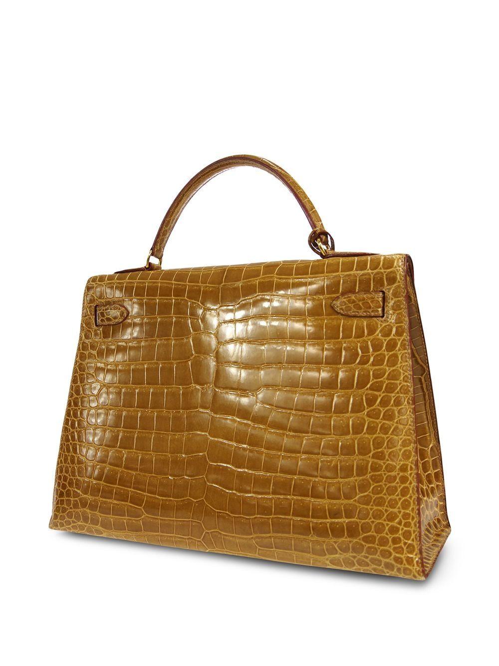 Hermes Kelly 32 Cognac Brown Exotic Crocodile Gold Top Handle Tote Bag In Good Condition For Sale In Chicago, IL