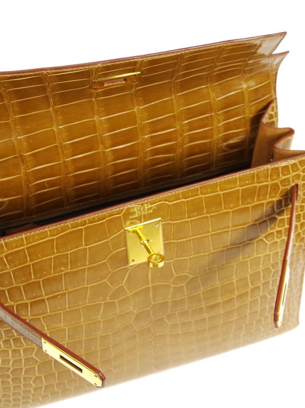 Women's Hermes Kelly 32 Cognac Brown Exotic Crocodile Gold Top Handle Tote Bag For Sale