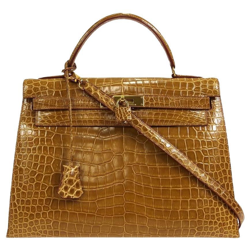 Hermes Kelly 32 Cognac Brown Exotic Crocodile Gold Top Handle Tote Bag For Sale
