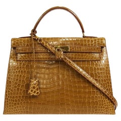 Retro Hermes Kelly 32 Cognac Brown Exotic Crocodile Gold Top Handle Tote Bag