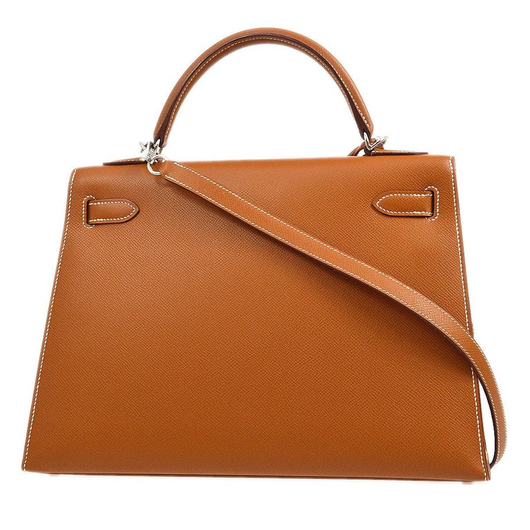 HERMES Kelly 32 Cognac Tan Epsom Leather Palladium Top Handle Shoulder