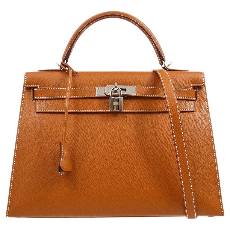 HERMES Kelly 32 Cognac Tan Epsom Leather Palladium Top Handle Shoulder