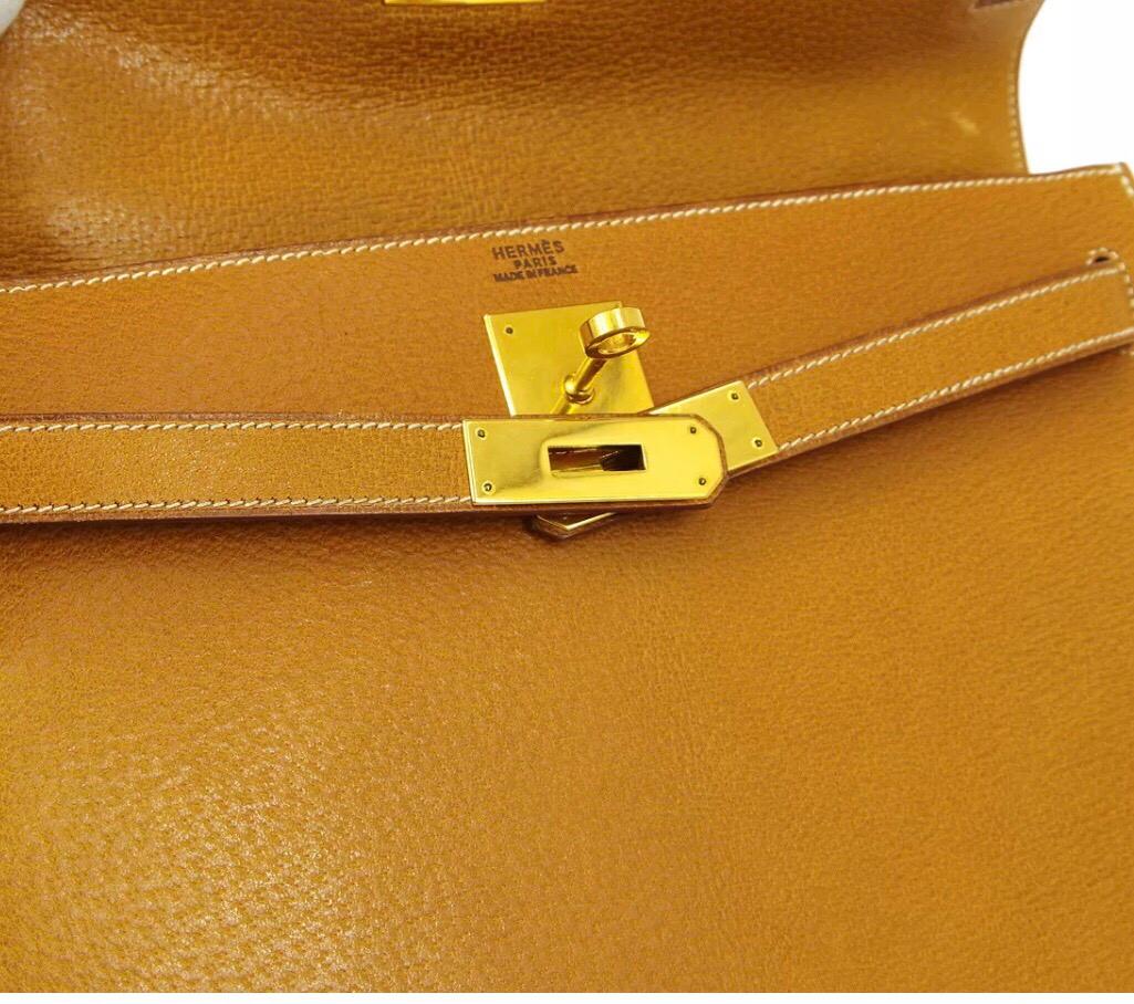 Brown Hermes Kelly 32 Cognac Tan Leather Gold Top Handle Satchel Shoulder Bag