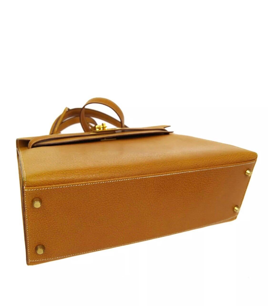 Women's Hermes Kelly 32 Cognac Tan Leather Gold Top Handle Satchel Shoulder Bag