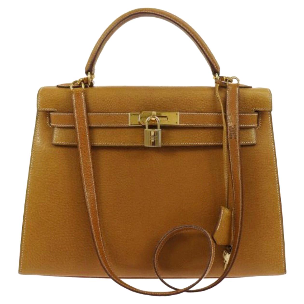 Hermes Kelly 32 Cognac Tan Leather Gold Top Handle Satchel Shoulder Bag