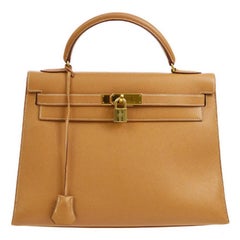 Hermes Kelly 32 Cognac Tan Leather Gold Top Handle Satchel Shoulder Bag