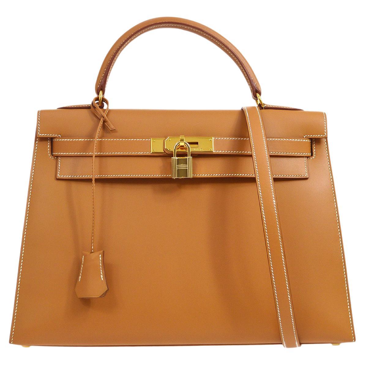 HERMES Kelly 32 Cognac Tan Natural Gold Top Handle Shoulder Tote Bag