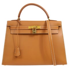 HERMES Kelly 32 Cognac Tan Natural Gold Top Handle Shoulder Tote Bag