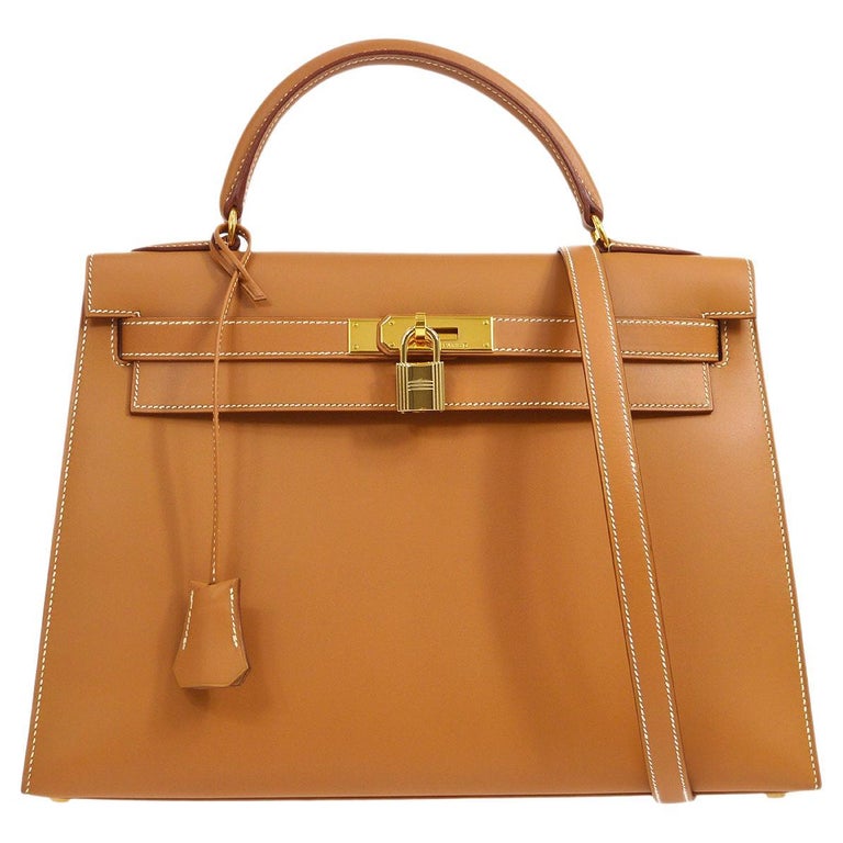 HERMES Kelly 32 Cognac Tan Natural Gold Top Handle Shoulder Tote Bag im Angebot bei 1stDibs
