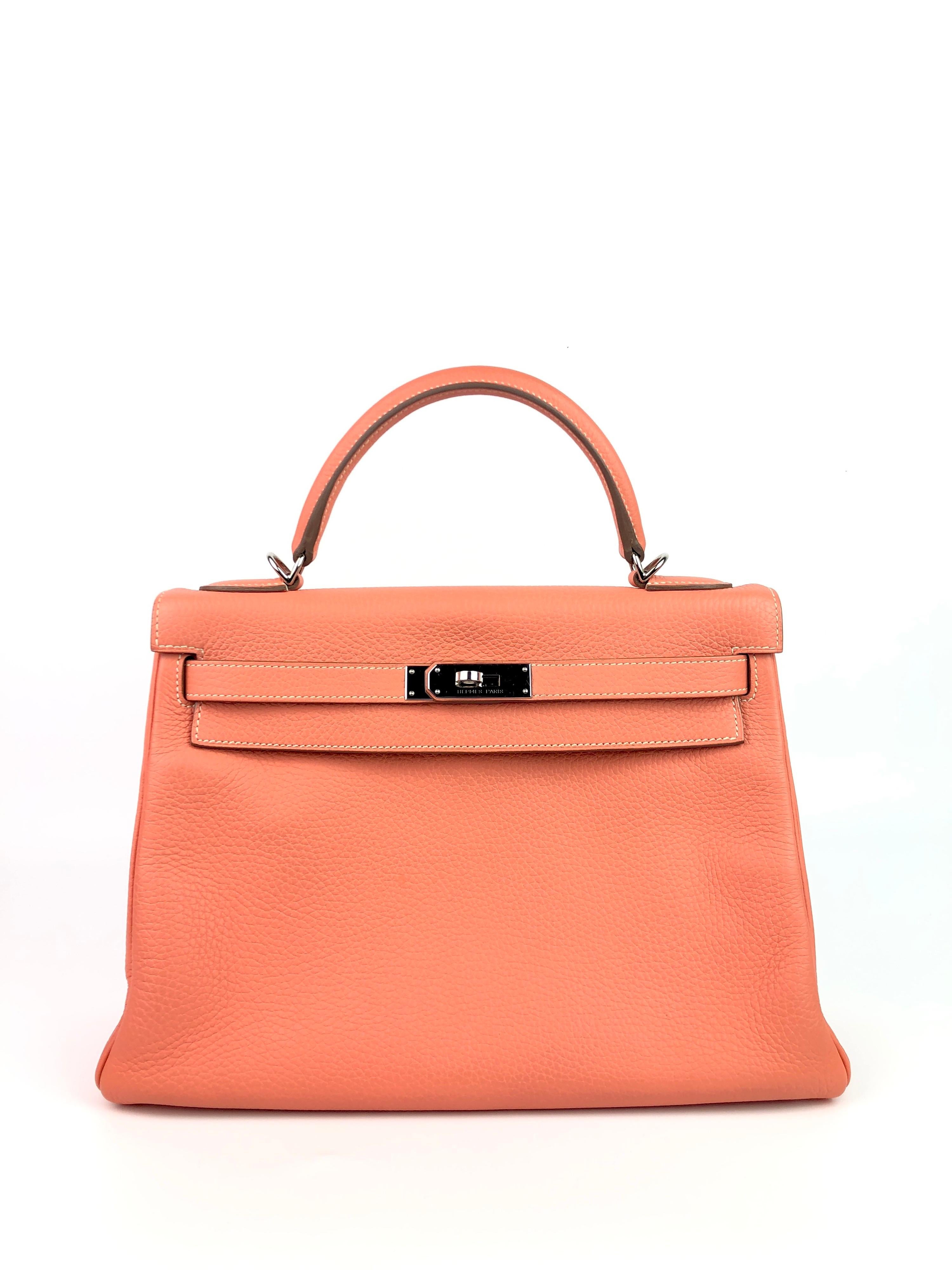 Hermes Kelly 32 Crevette Pink Orange Togo Palladium Hardware. Q Stamp 2013. Excellent Condition, light hairlines on Hardware, Excellent corners and good Structure. 

Shop with Confidence from Lux Addicts. Authenticity Guaranteed! 
