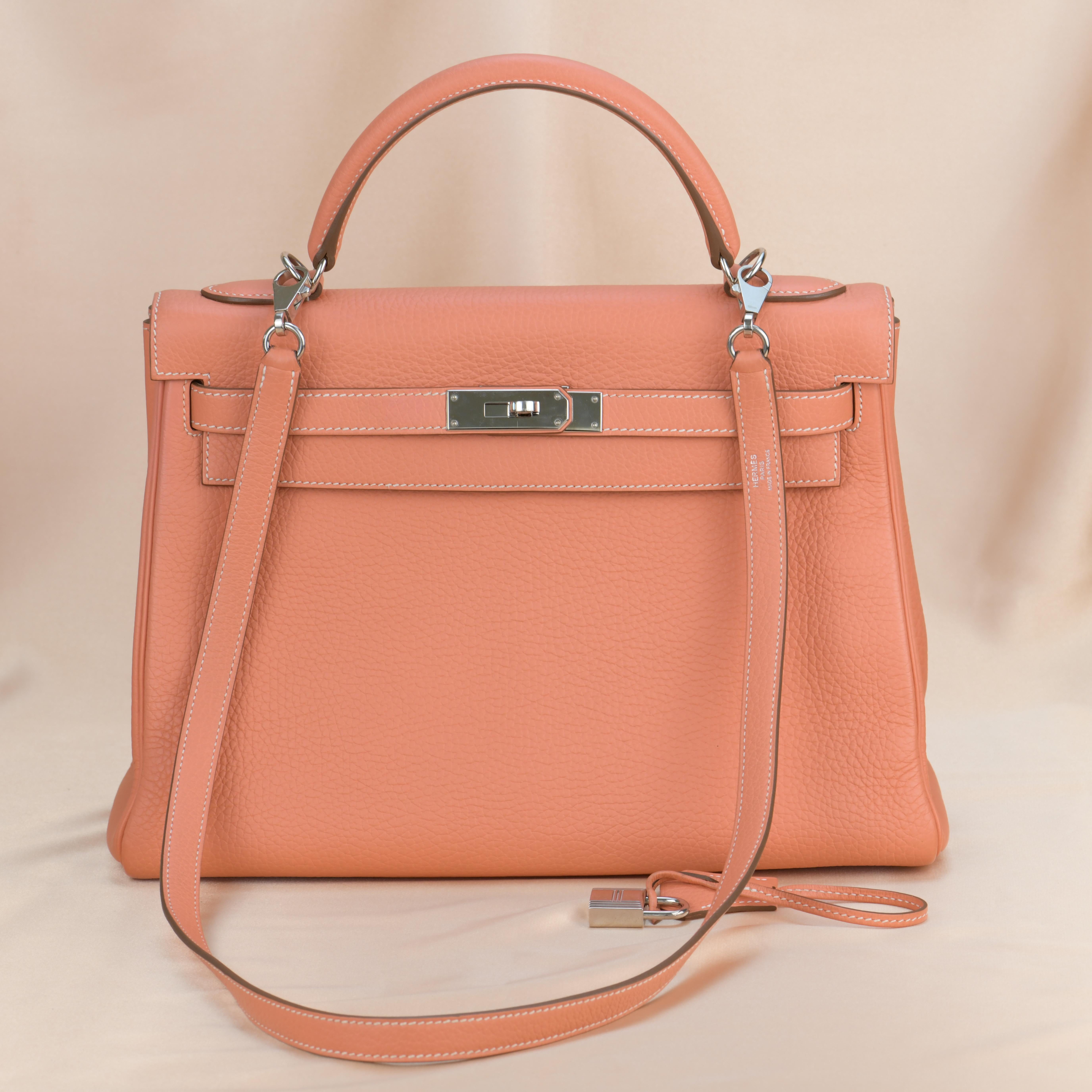 Women's or Men's Hermès Kelly 32 Crevette Togo Leather with Silver Hardware