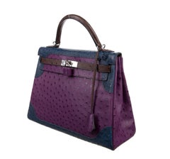 Hermes Kelly 32 Ghillies Straußenleder Exotisch Lila Blau Braun Handtasche mit Tragegriff