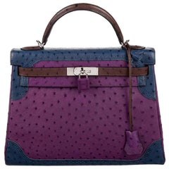 Hermes Kelly 32 Ghillies Straußenleder Exotisch Lila Blau Braun Handtasche mit Tragegriff