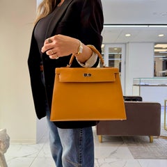 Hermès Kelly 32 Gold Box Calf Leather Palladium Hardware Top Handle Bag