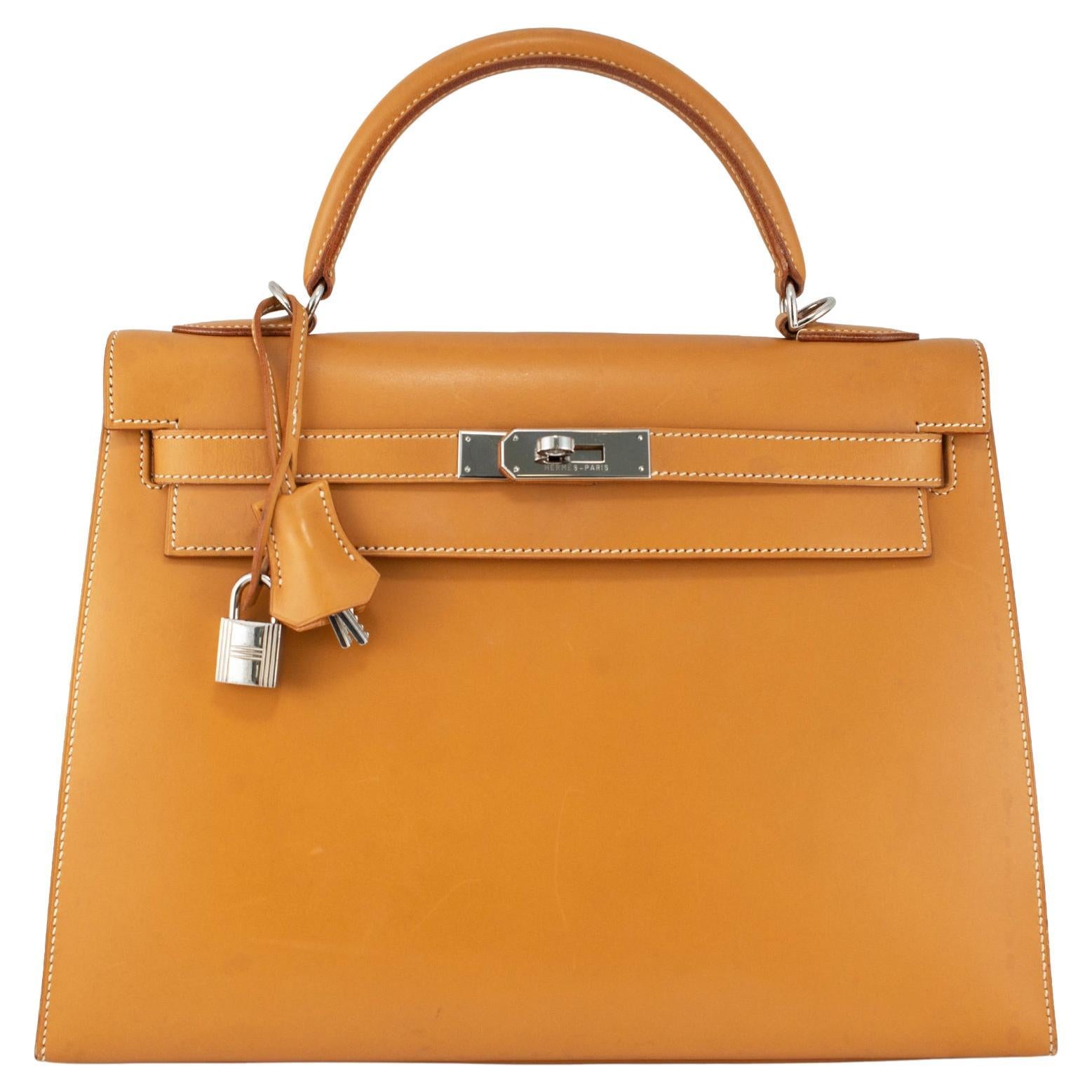 Hermès Kelly 32 Gold Box Calf Leather Palladium Hardware Top Handle Bag