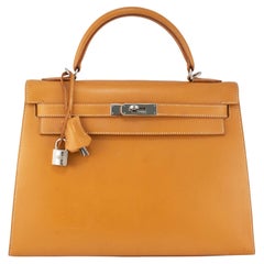 Hermès Kelly 32 Gold Box Calf Leather Palladium Hardware Top Handle Bag