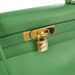 Hermes Kelly 32 Green Leather Gold Top Handle Satchel Shoulder Bag