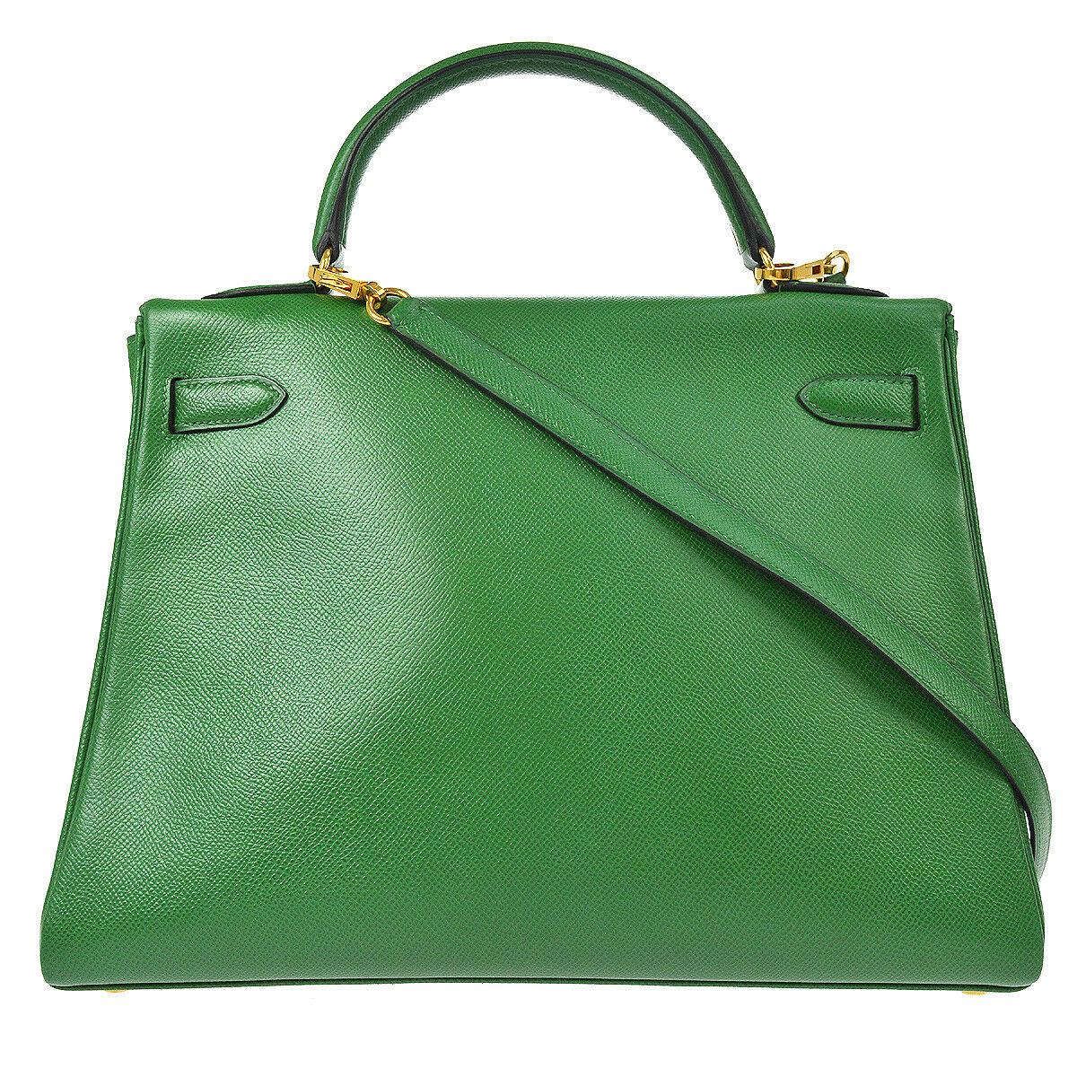 Women's Hermes Kelly 32 Green Leather Gold Top Handle Satchel Shoulder Bag
