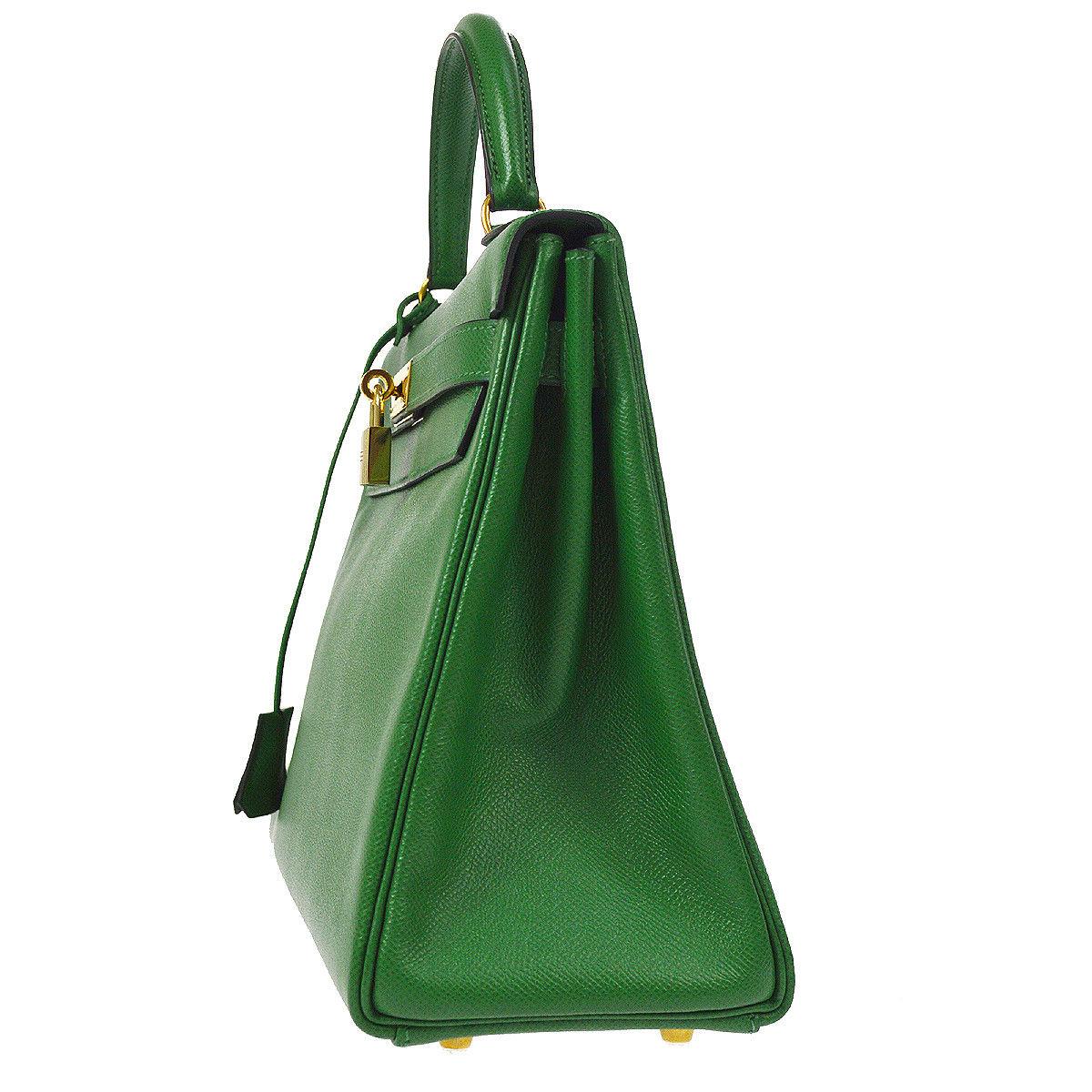 Hermes Kelly 32 Green Leather Gold Top Handle Satchel Shoulder Bag 1