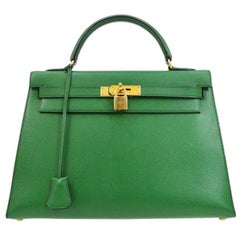Hermes Kelly 32 Green Leather Gold Top Handle Satchel Shoulder Tote Bag