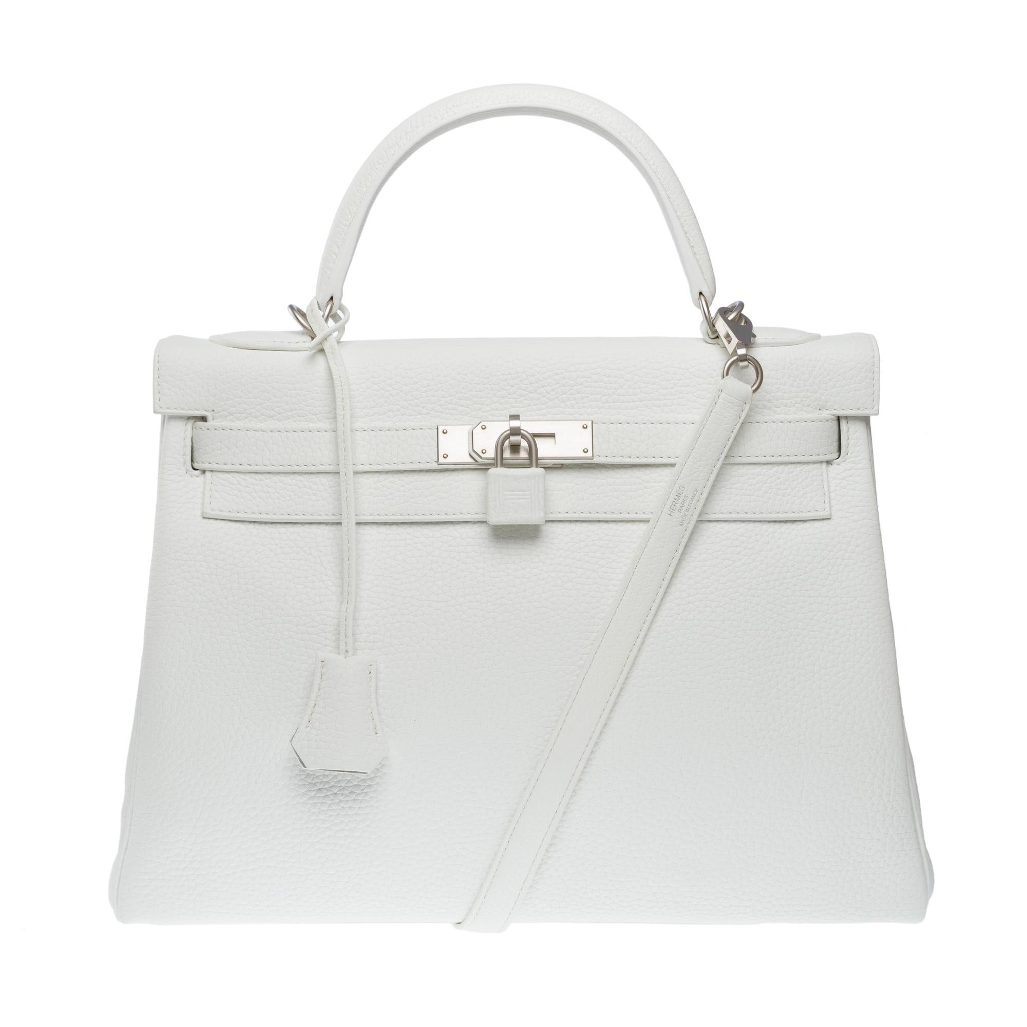 Hermès Kelly 32 handbag strap (HSO) in White & Grey interior leather, BSHW In Excellent Condition In Paris, IDF