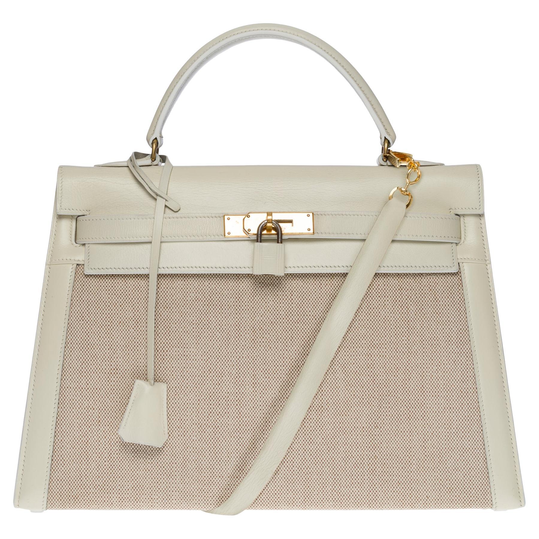 Hermès Kelly 32 handbag strap in beigei canvas and white box calf leather,  GHW at 1stDibs
