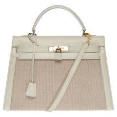 Hermès Kelly 32 handbag strap in beigei canvas and white box calf leather, GHW