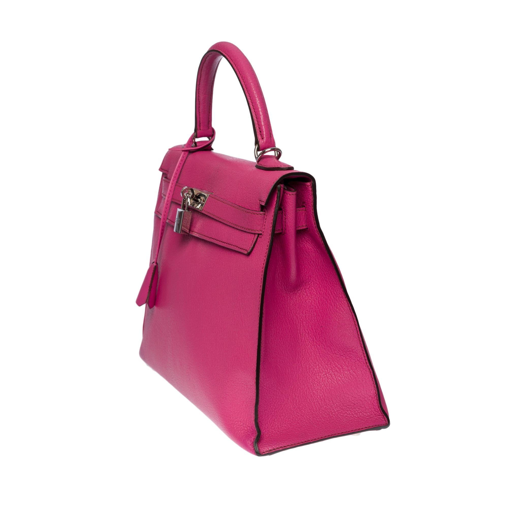 Pink Hermès Kelly 32 handbag strap in Fuchsia Mysore Chèvre leather, silver hardware