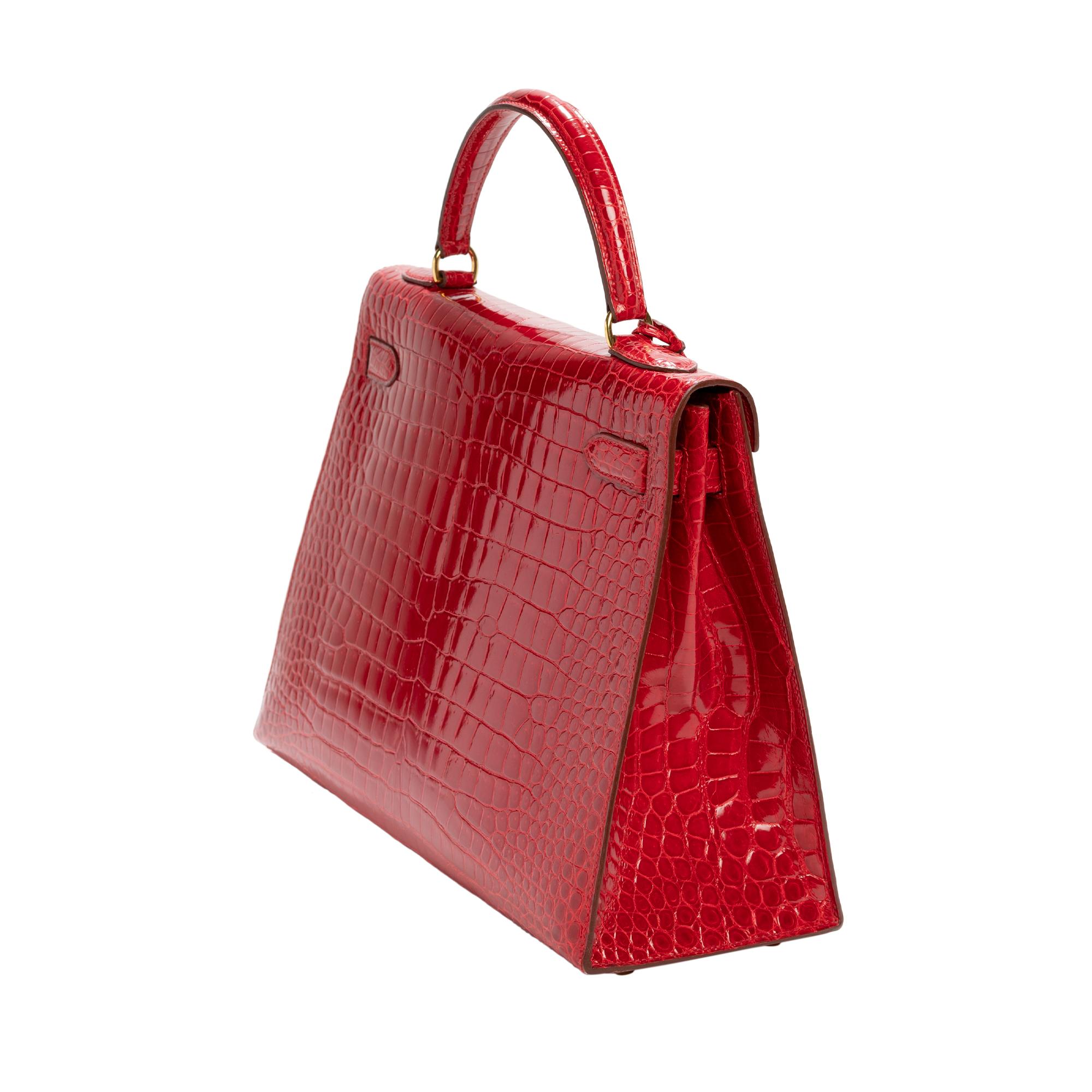 Red Hermès Kelly 32 handbag with strap in crocodile 