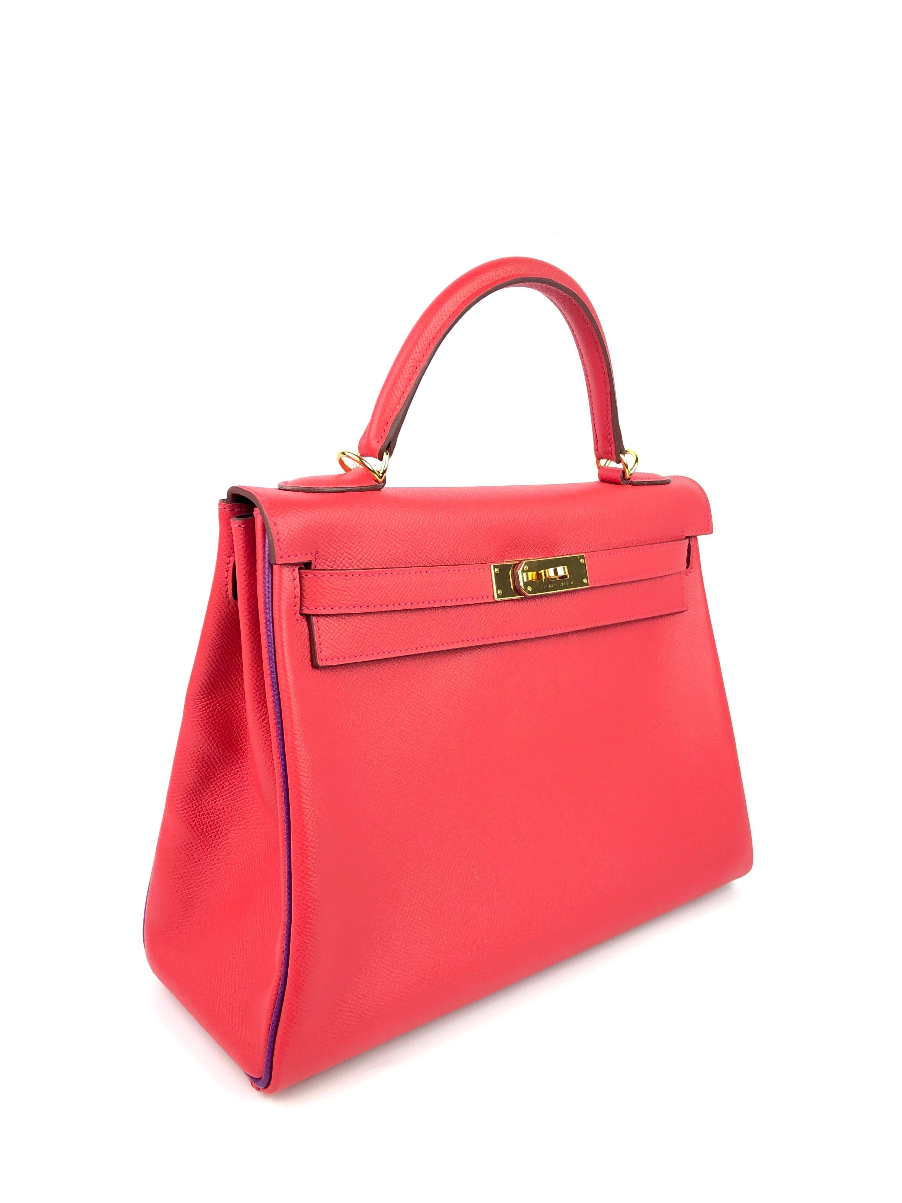 Hermes Kelly 32 HSS Special Order Rouge Pivoine Red Anemone Purple Piping and Interior Epsom Leather & Gold Hardware. 2016 X Stamp. Excellent Pristine Condition, light hairlines on Hardware, Excellent corners and structure.

Shop with Confidence