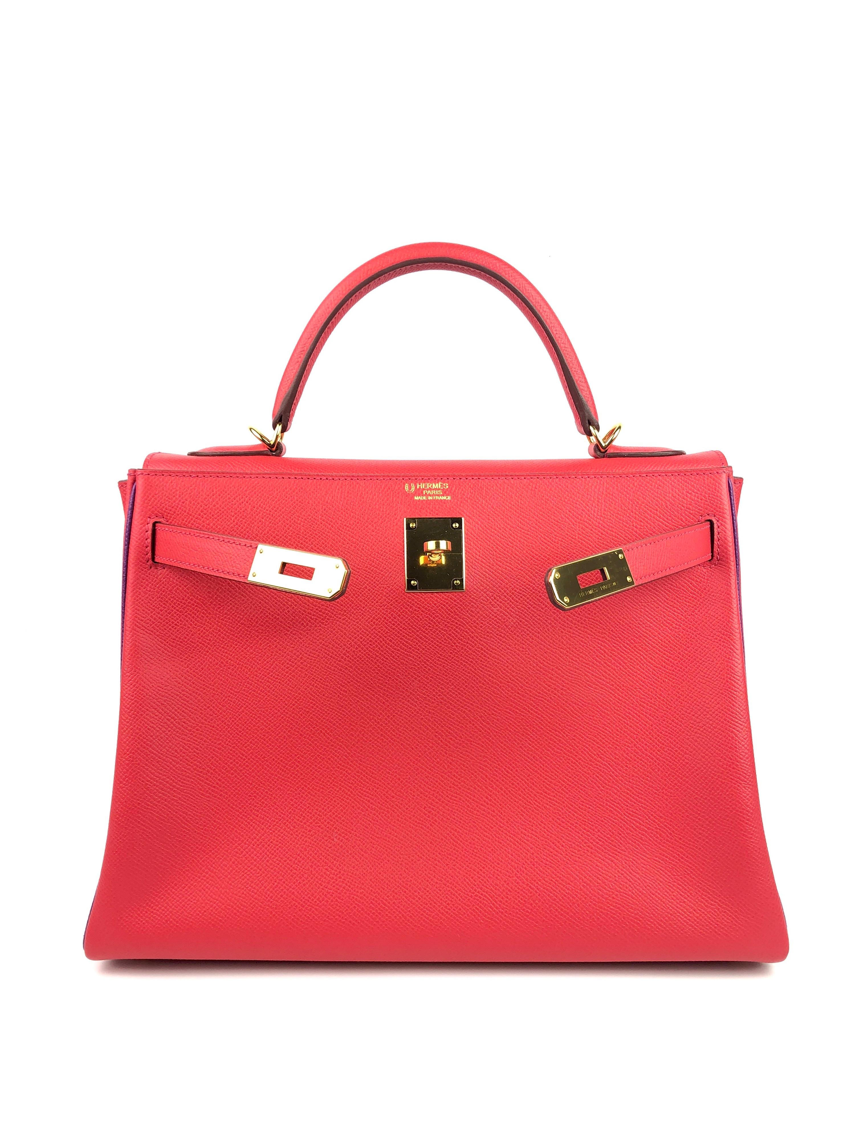 Hermes Kelly 32 HSS Special Order Rouge Pivoine Red Anemone Purple Gold Hardware In Excellent Condition In Miami, FL