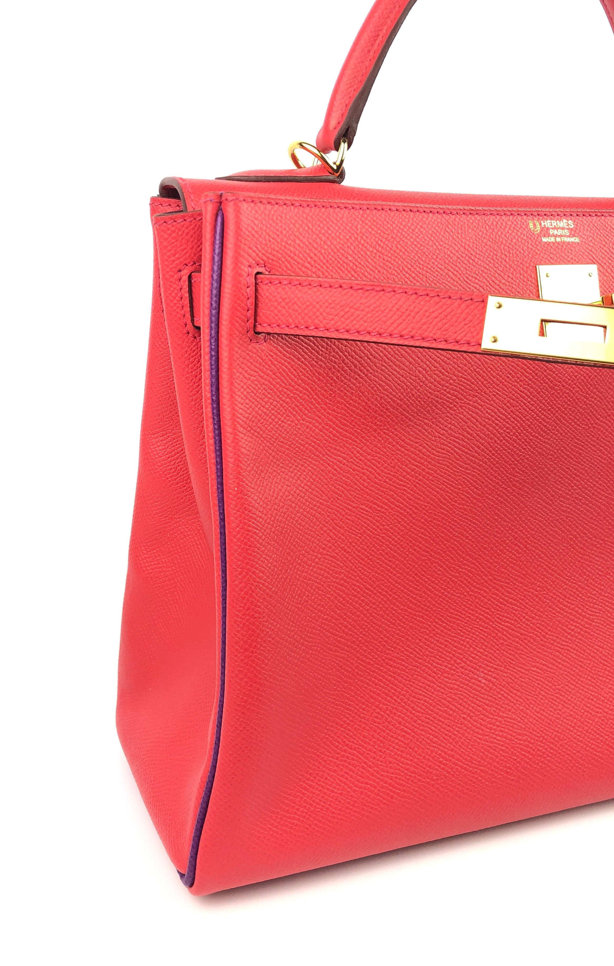 Hermes Kelly 32 HSS Special Order Rouge Pivoine Red Anemone Purple Gold Hardware 1