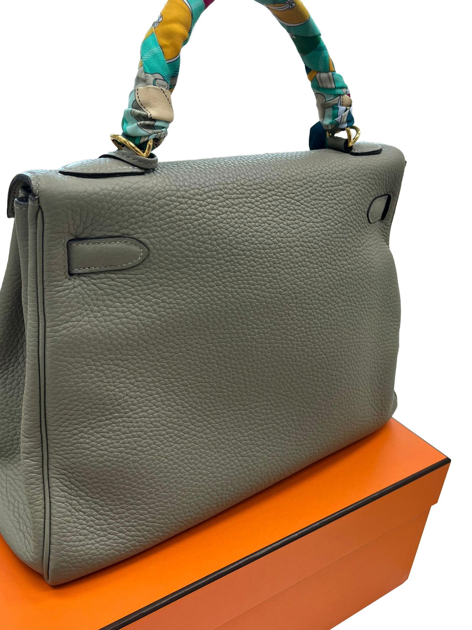 Hermes Kelly 32 Retourne Sauge Khaki Clemence Leather Twist Lock Gold Hardware 12