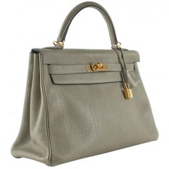 Hermes Kelly 32 Retourne Sauge Khaki Clemence Leather Twist Lock Gold Hardware