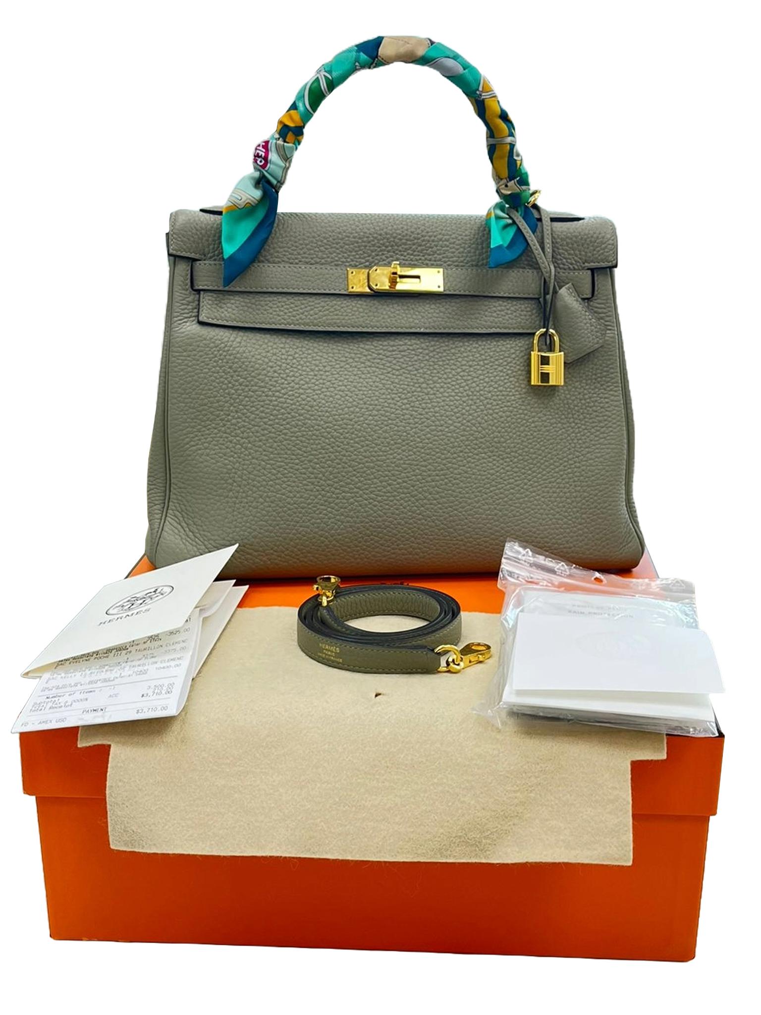 Women's Hermes Kelly 32 Retourne Sauge Khaki Clemence Leather Twist Lock Gold Hardware