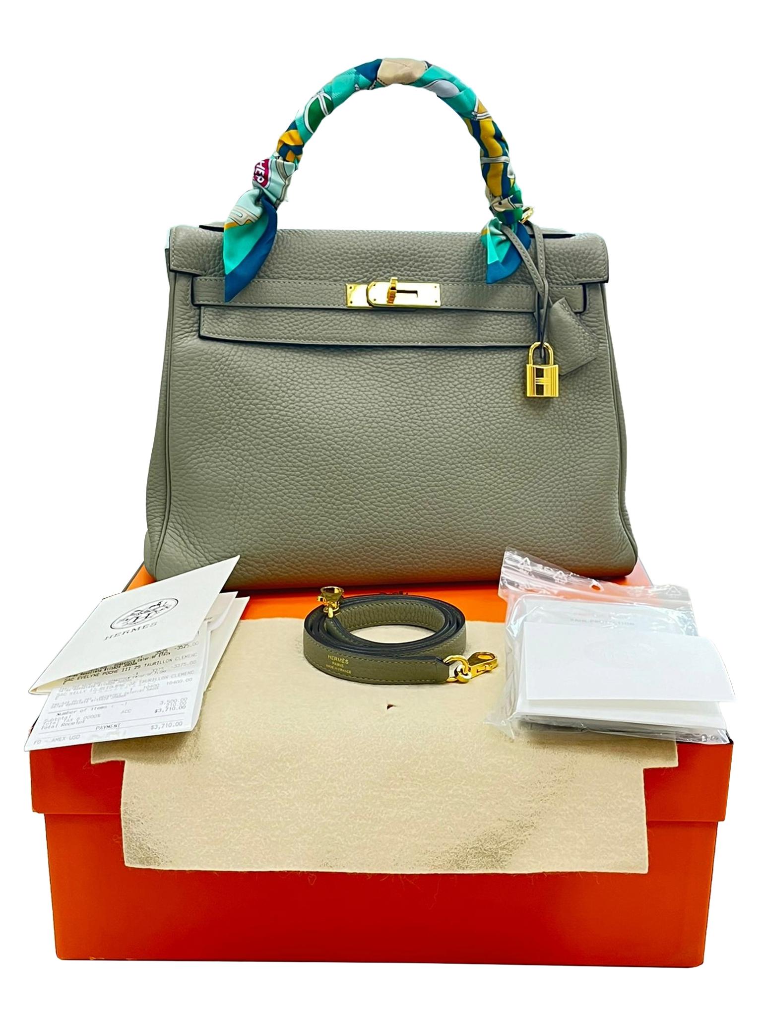Hermes Kelly 32 Retourne Sauge Khaki Clemence Leather Twist Lock Gold Hardware 1