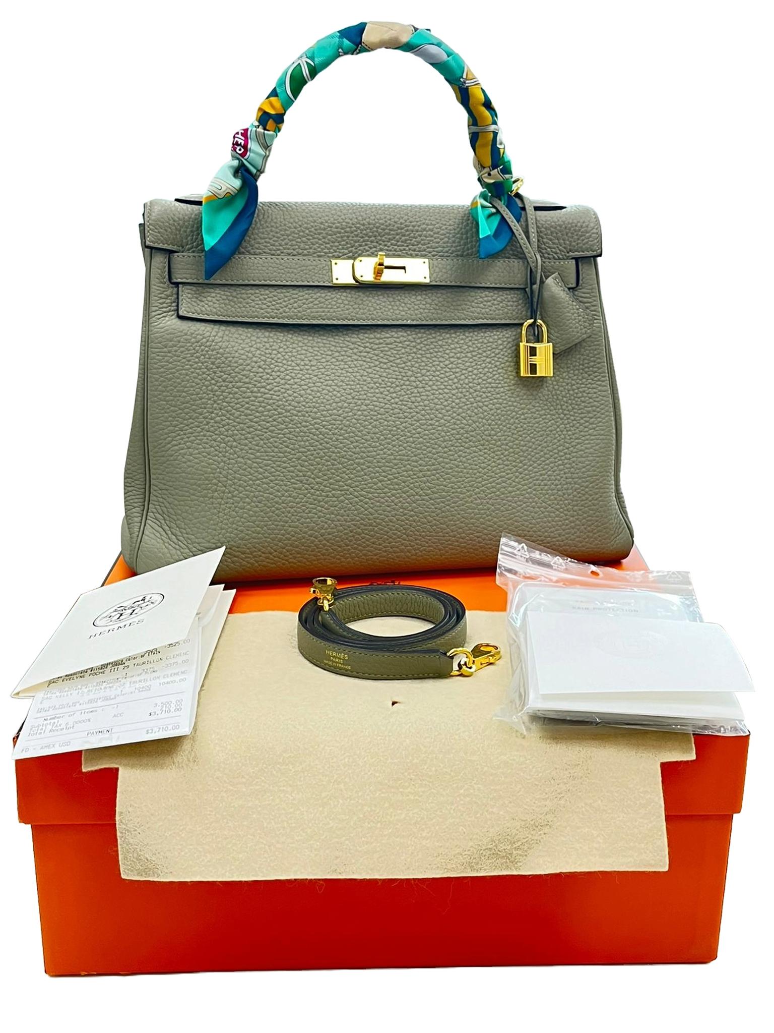 Hermes Kelly 32 Retourne Sauge Khaki Clemence Leather Twist Lock Gold Hardware 2
