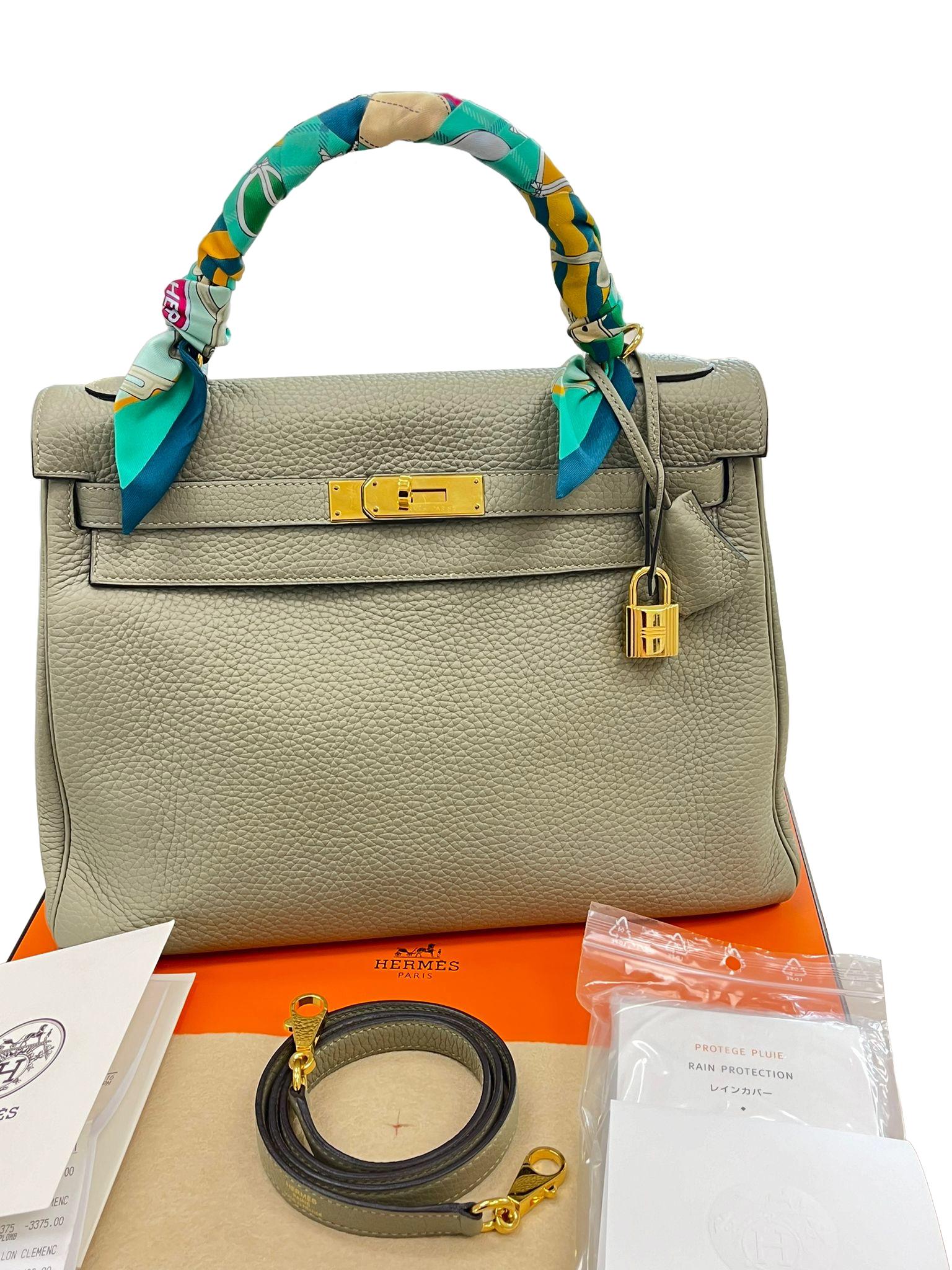 Hermes Kelly 32 Retourne Sauge Khaki Clemence Leather Twist Lock Gold Hardware 3