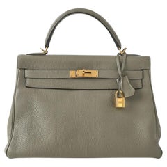 Hermes Kelly 32 Retourne Sauge Khaki Clemence Leather Twist Lock Gold Hardware