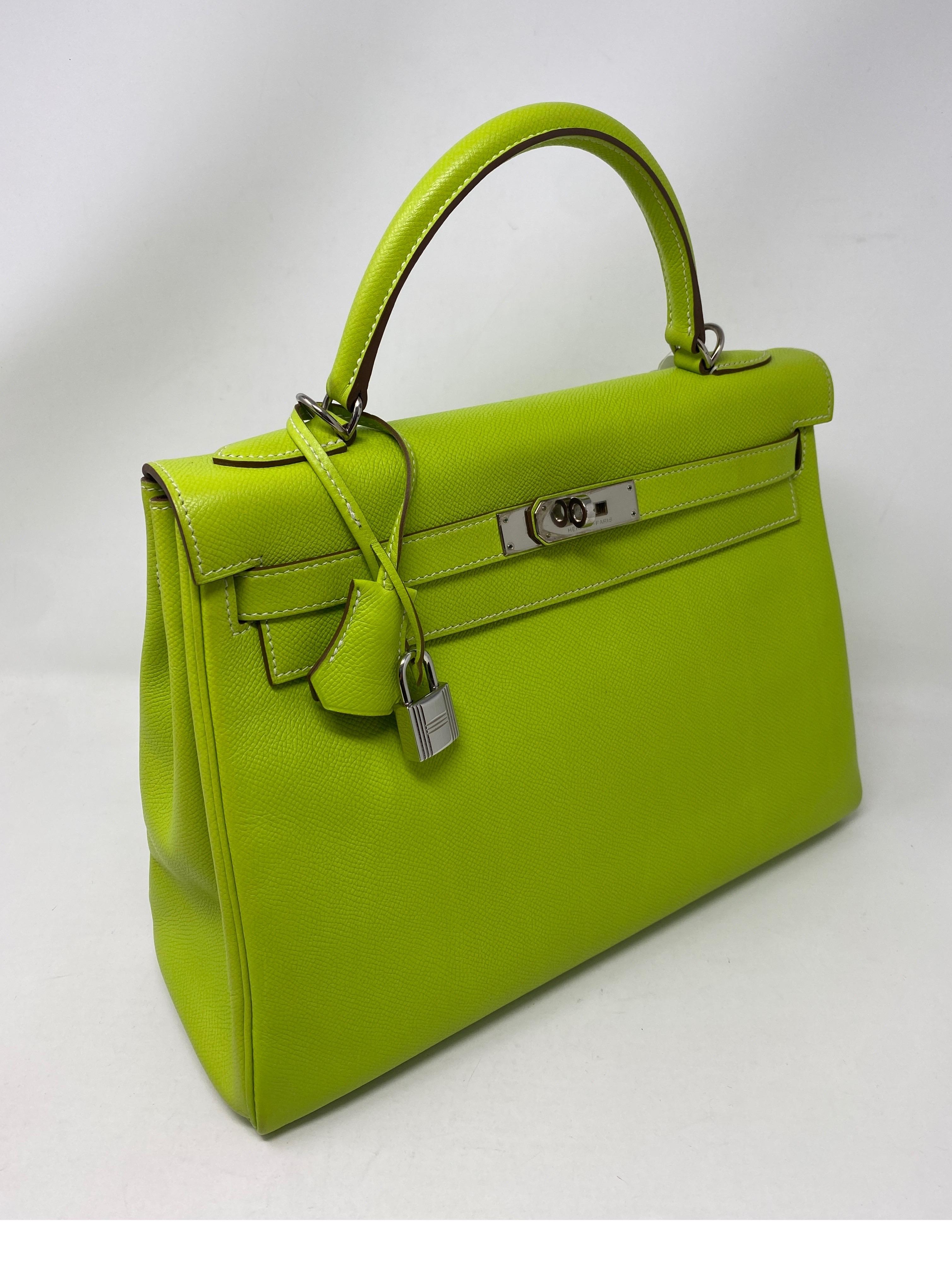 Hermes Kelly 32 Lime and Vert Green Candy Bag. Bright lime green color with palladium hardware. Excellent like new condition. Epsom leather. Candy collection. Inside is vert green color. The most wanted size for Kelly. Comes with strap, clochette,
